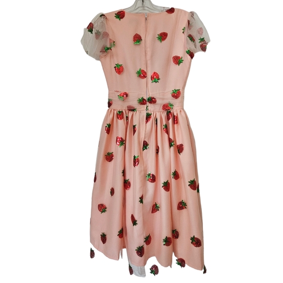 Nwot Magnolia Park Peach w/ Sequined Strawberries Faux Wrap Flutter Sleeve Dress - Picture 5 of 17